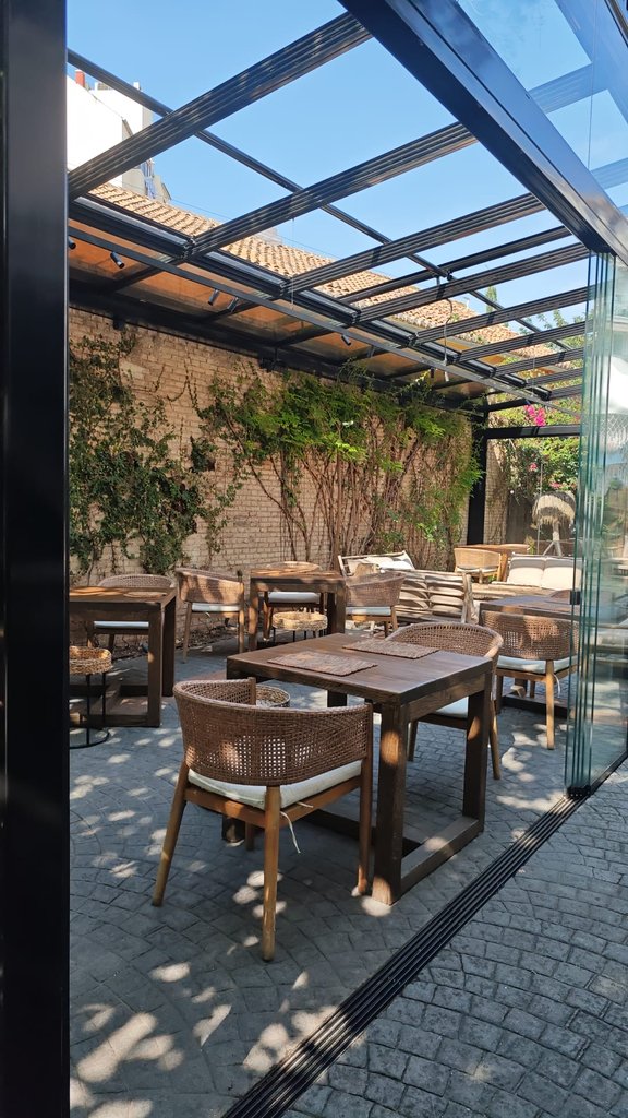 Accessible outdoor dining room, tables with appropriate height.