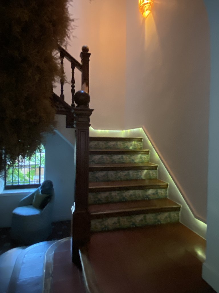 Stairs, equipped with handrails, to access the upper rooms.