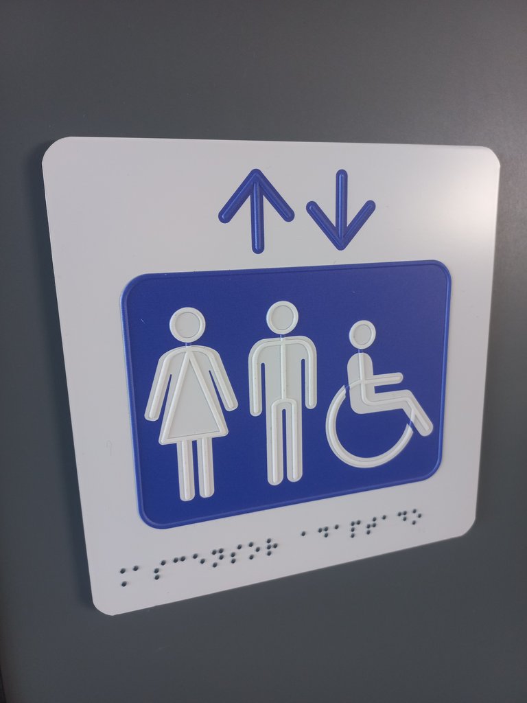 Sign for elevator location with pictogram, high-relief, and braille composition.