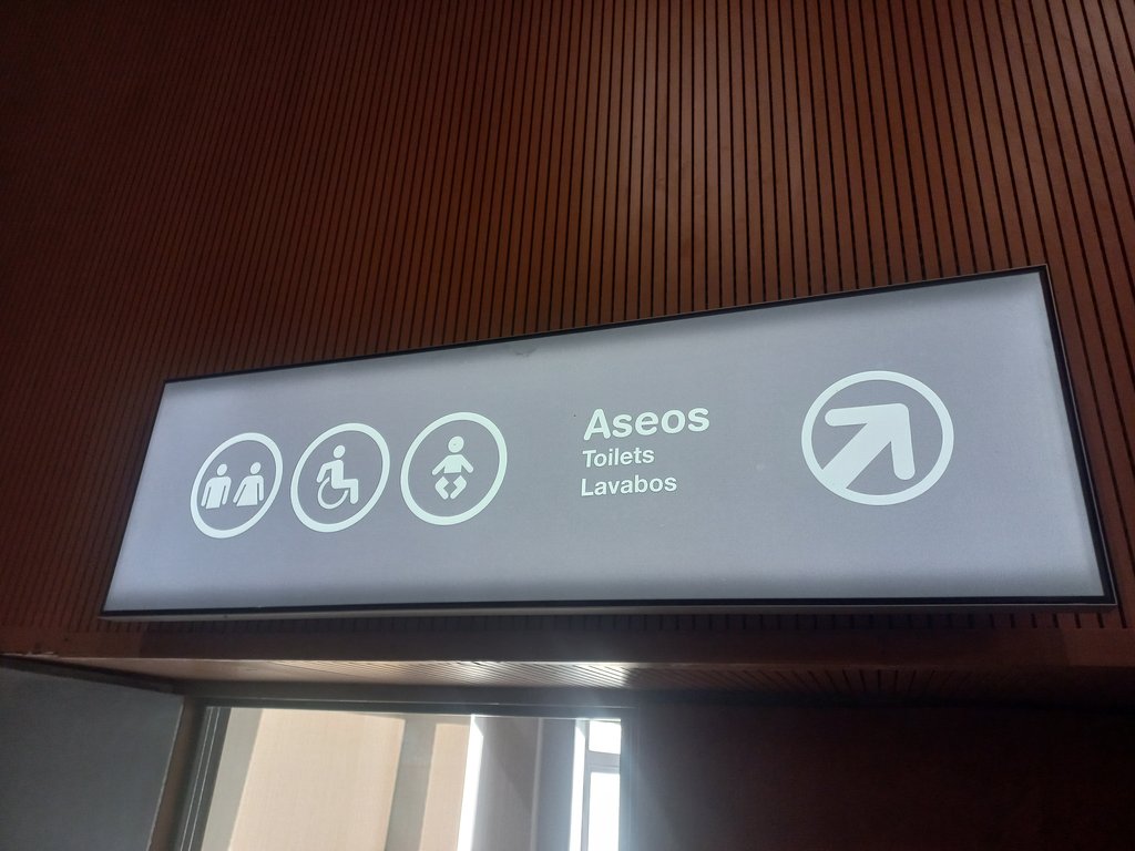 Signs with a composition of pictogram, text, and directional indicator.