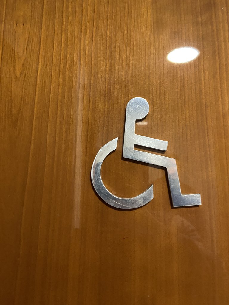 Signage for common adapted bathroom next to the access door.