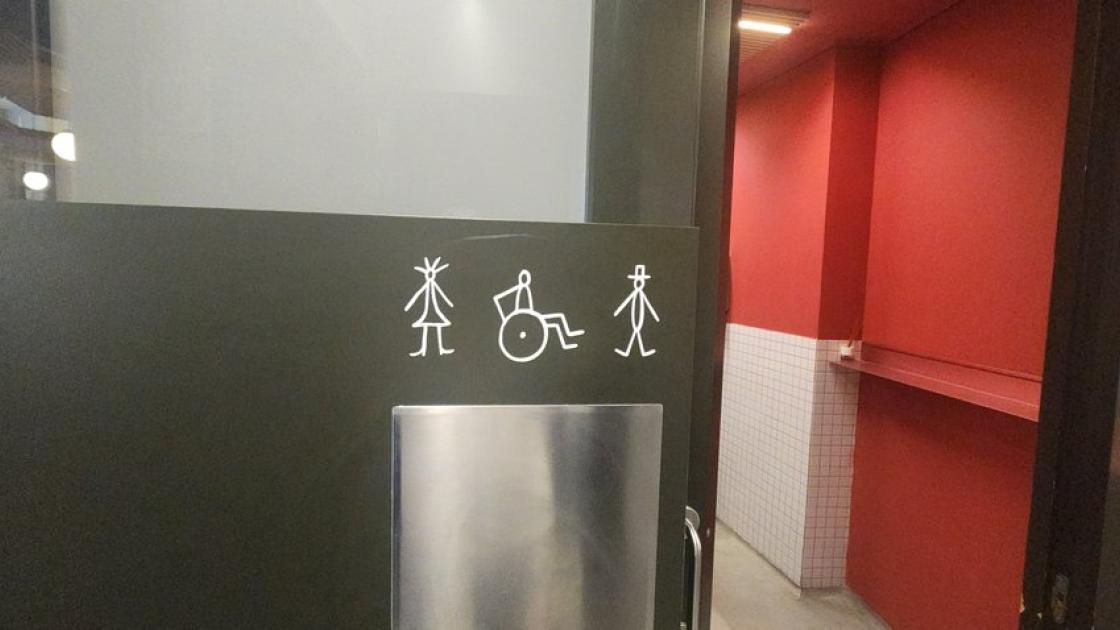 Señalización gráfica o en alto relieve que indica baños.