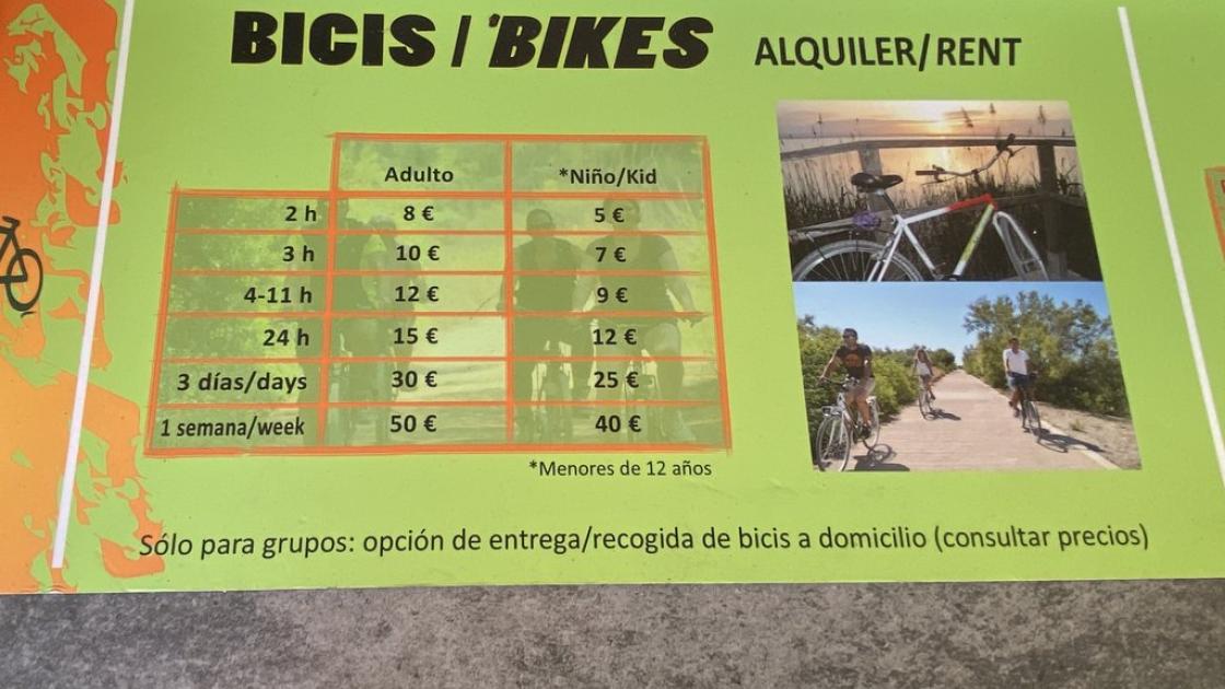 Cartelería accesible precios alquiler bicis.