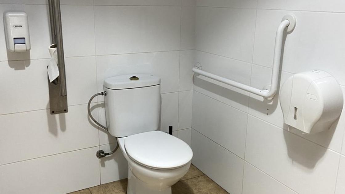 WC adaptado en baños comunes con barras de apoyo.