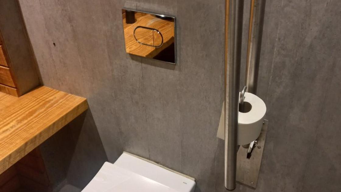 Bany adaptat equipat amb barres abatibles i zona lliure d'obstacles.