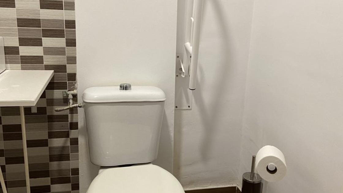 WC preparat amb barra de suport en banys comuns.