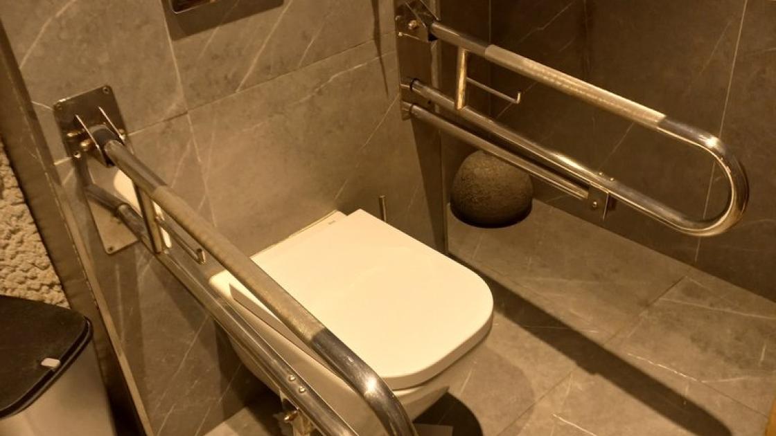 Baño adaptado equipado de inodoro con barras abatibles.
