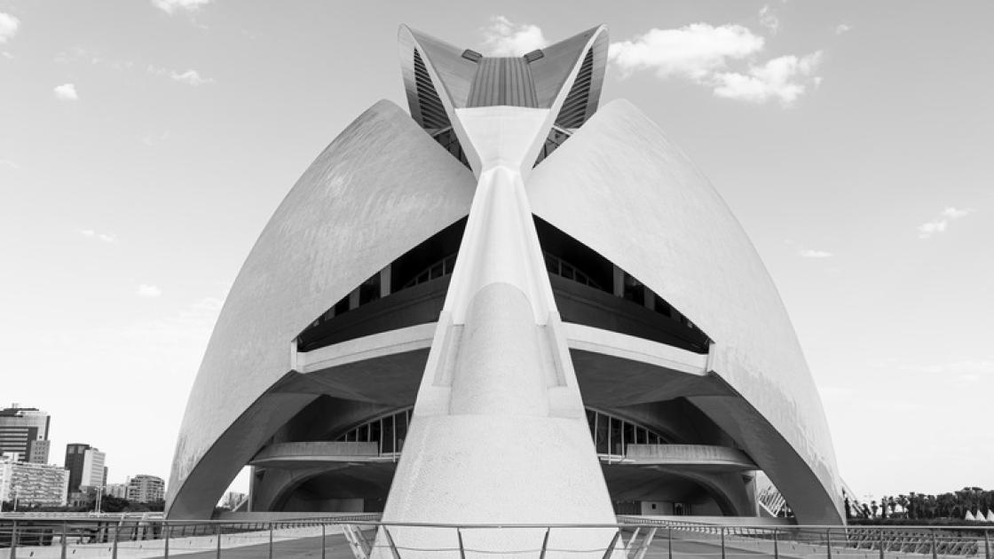 Foto palau de les arts por fuera en blanco y negro